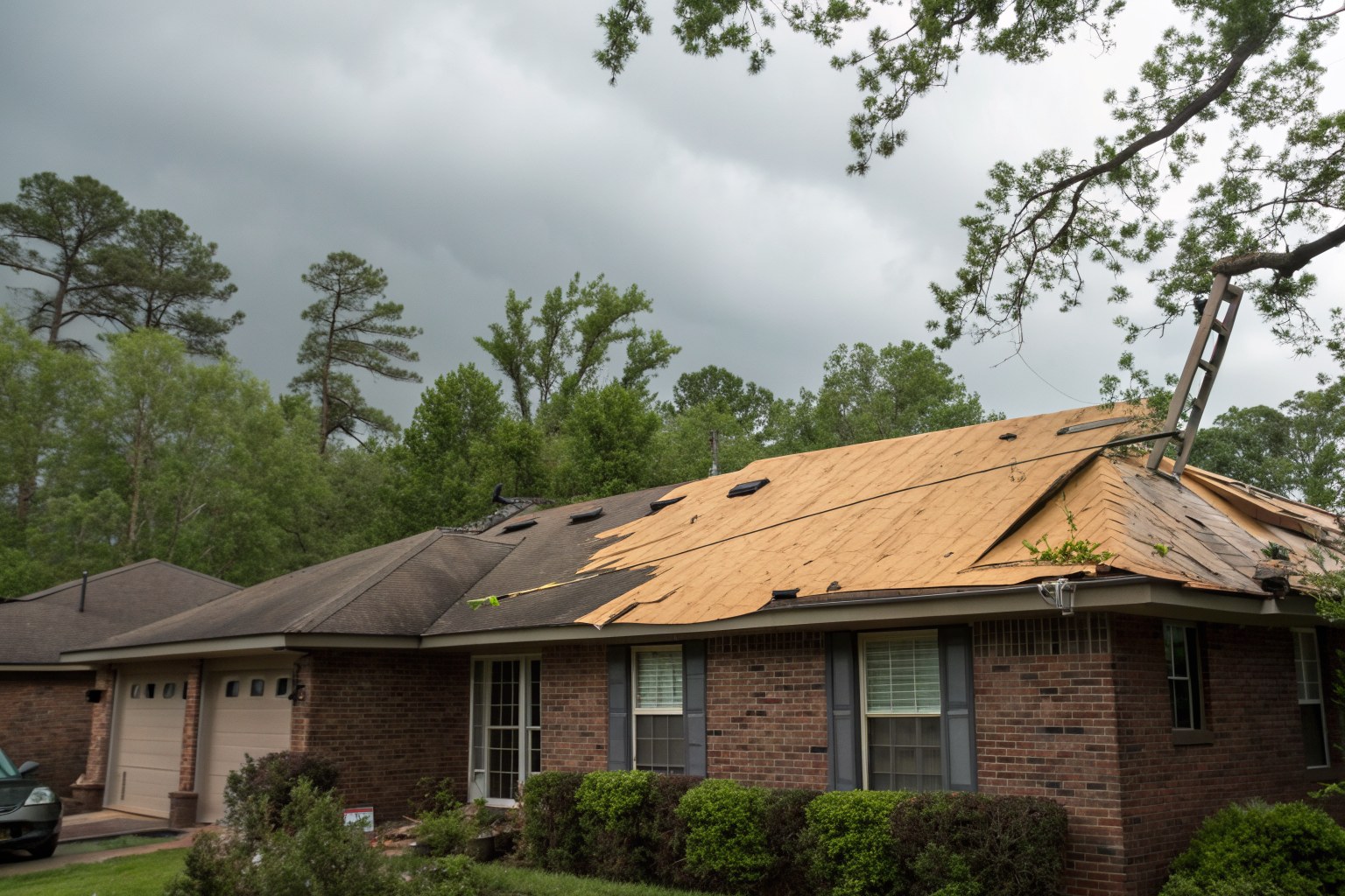 A brick ranch house with a section of shingles torn away to bare decking after a storm