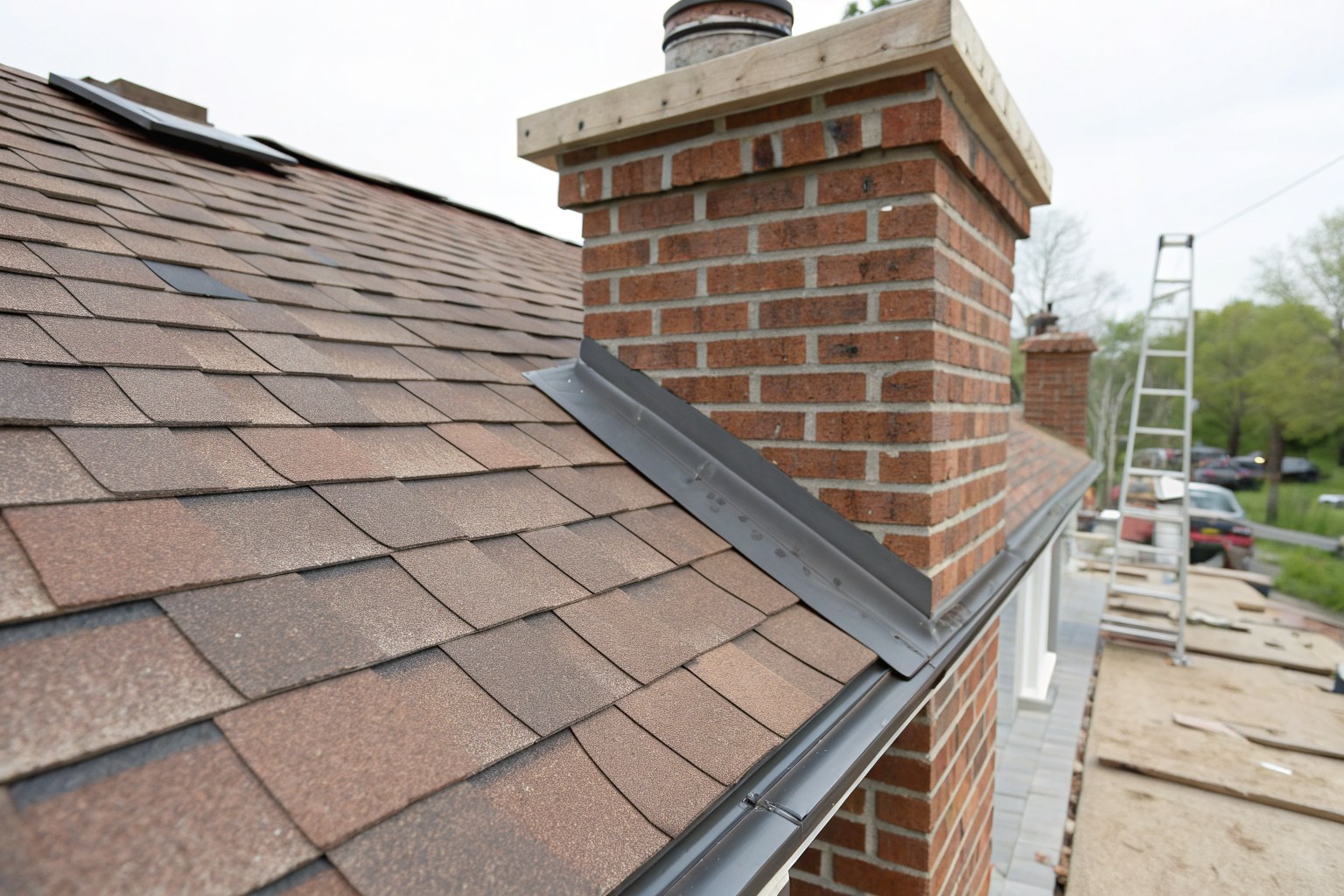 New metal step flashing where a brick chimney meets a brown shingle roof