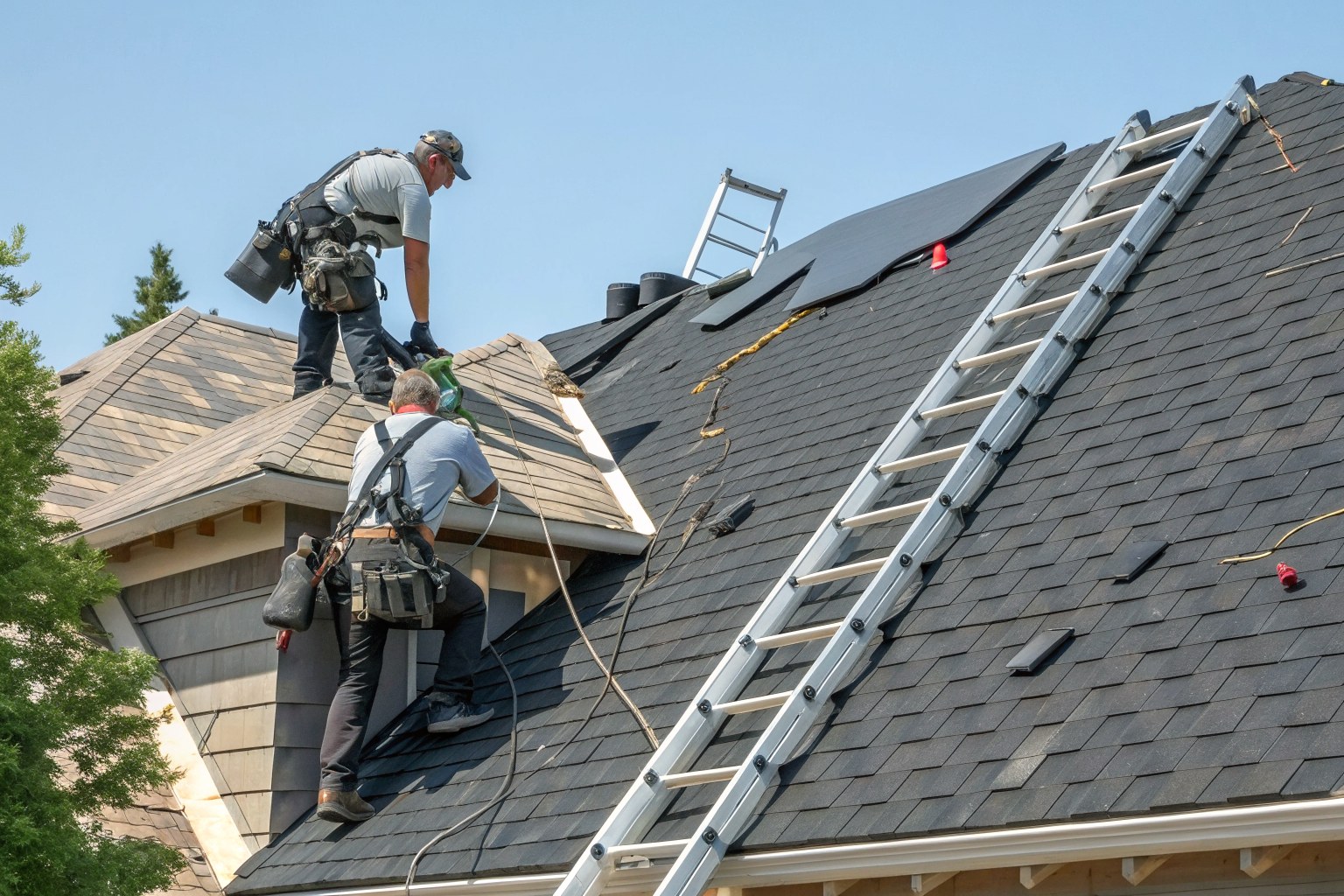 Two roofers in harnesses nailing new dark shingles on a steep roof beside a ladder