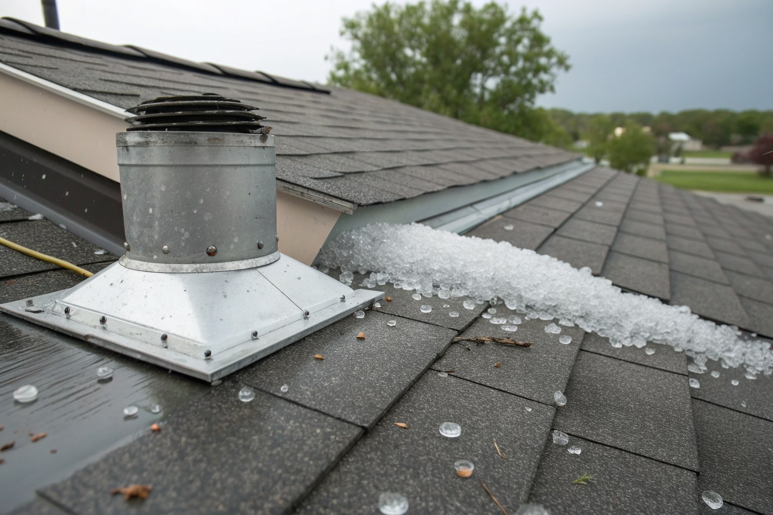 Hailstones piled against a metal roof vent on a wet shingle roof