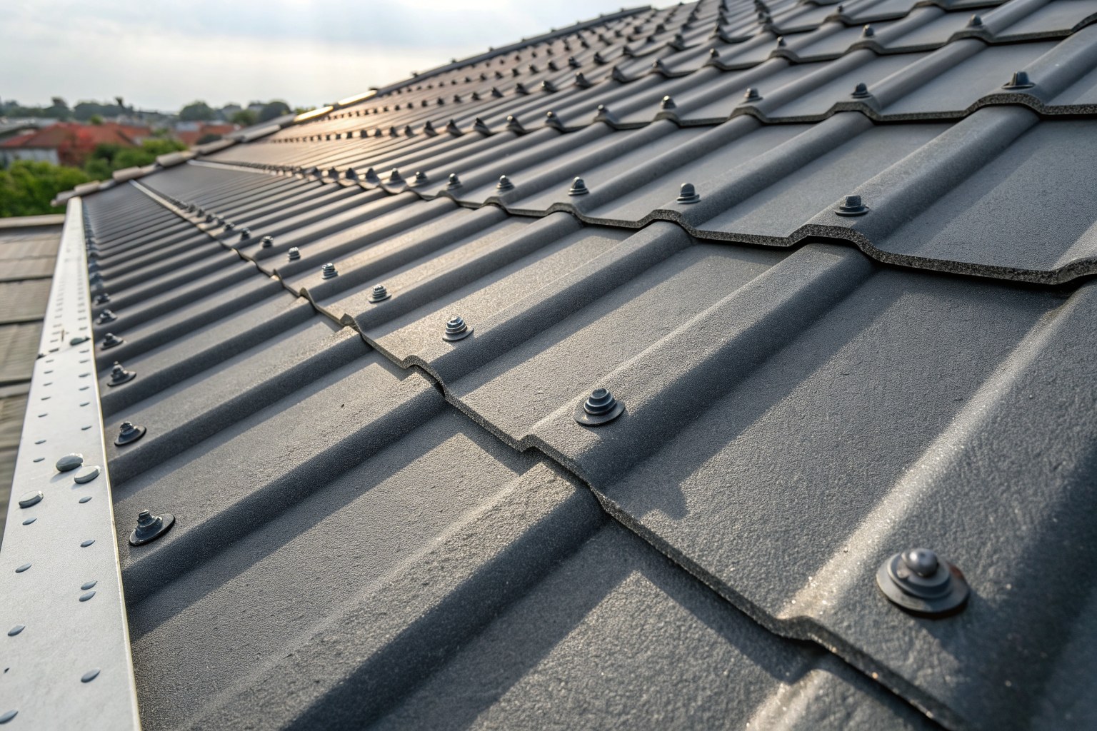 Close view of dark exposed-fastener steel roof panels with rows of screws
