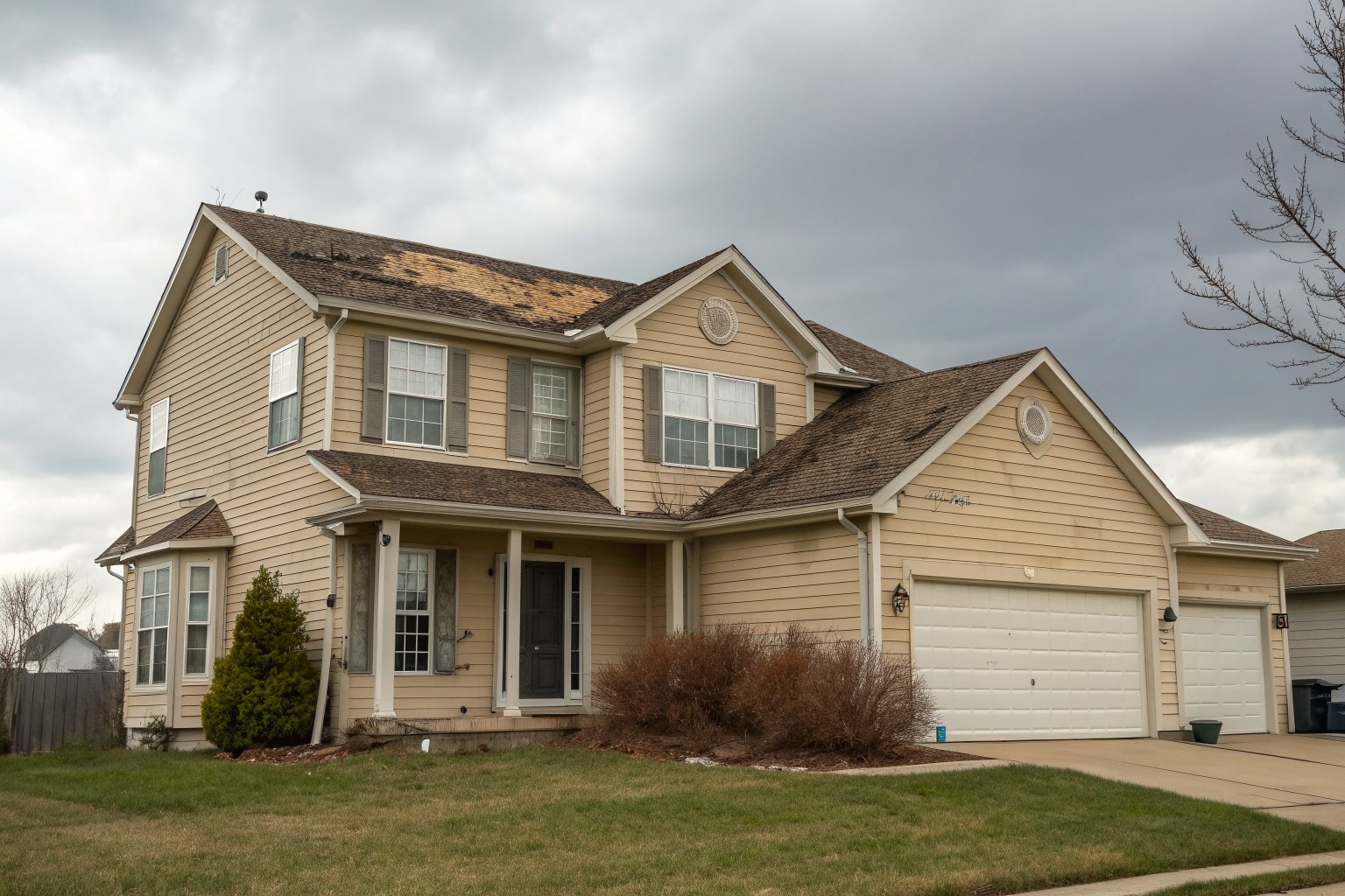 A two-story home with a faded, patchy brown shingle roof under a gray sky