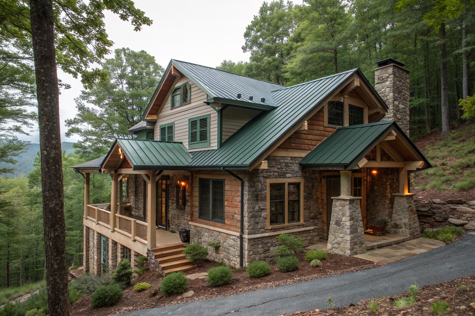 A stone and timber craftsman home with a green standing-seam metal roof on a wooded slope