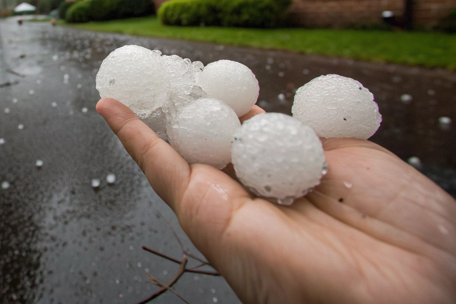 A hand holding several large hailstones above a wet driveway