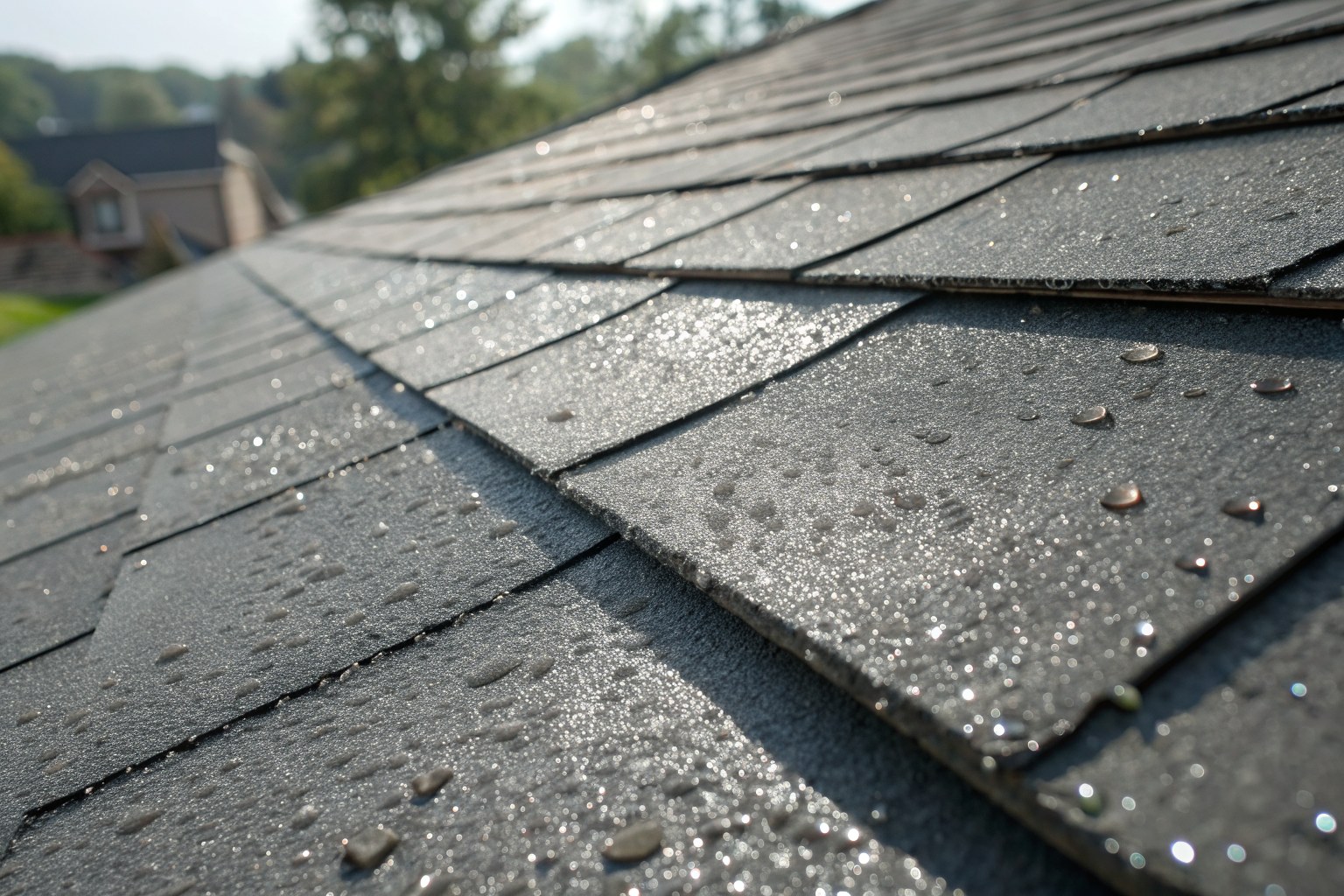 Rain beading on dark impact-resistant shingles