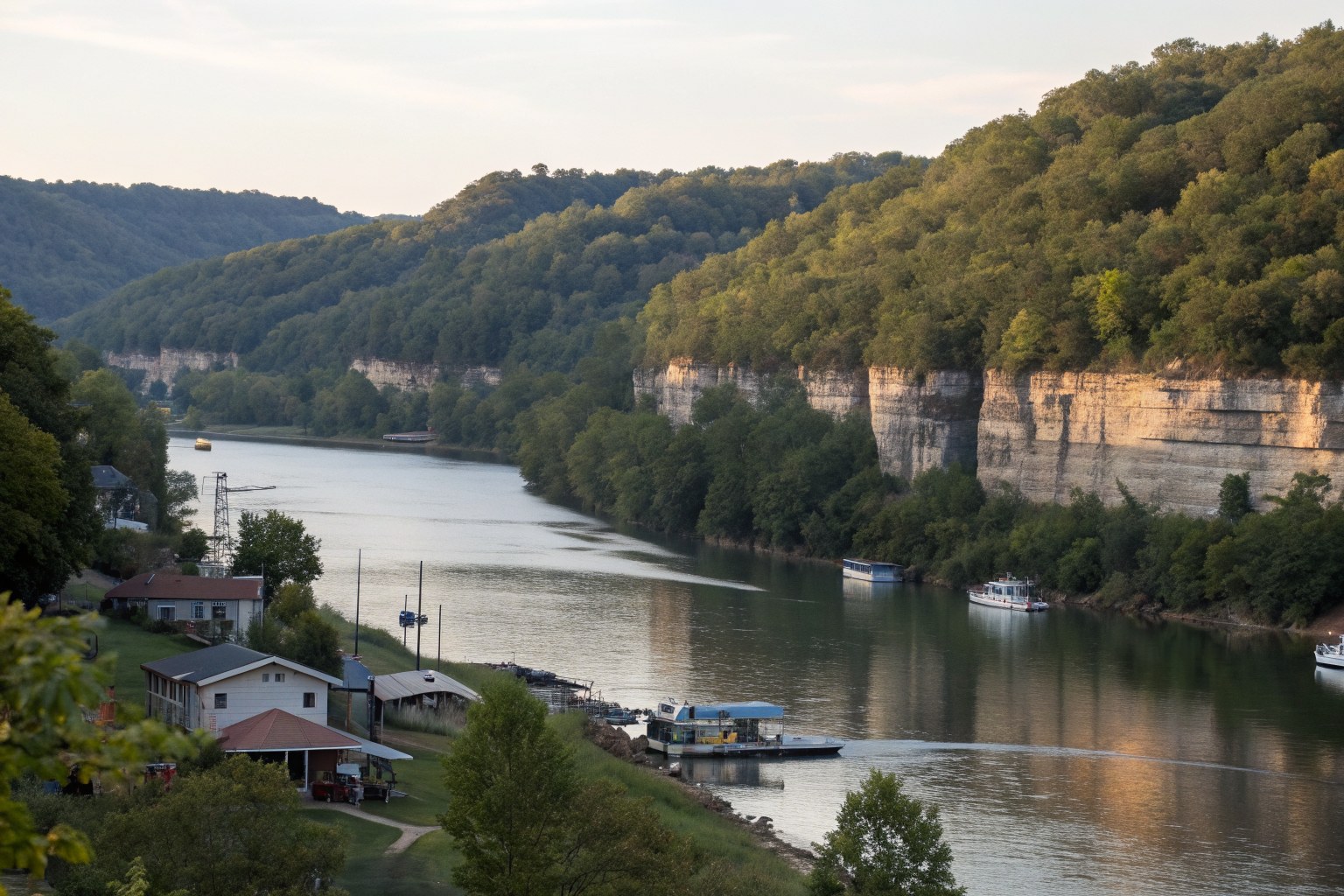 Homes and docks along a river below wooded limestone bluffs at dusk
