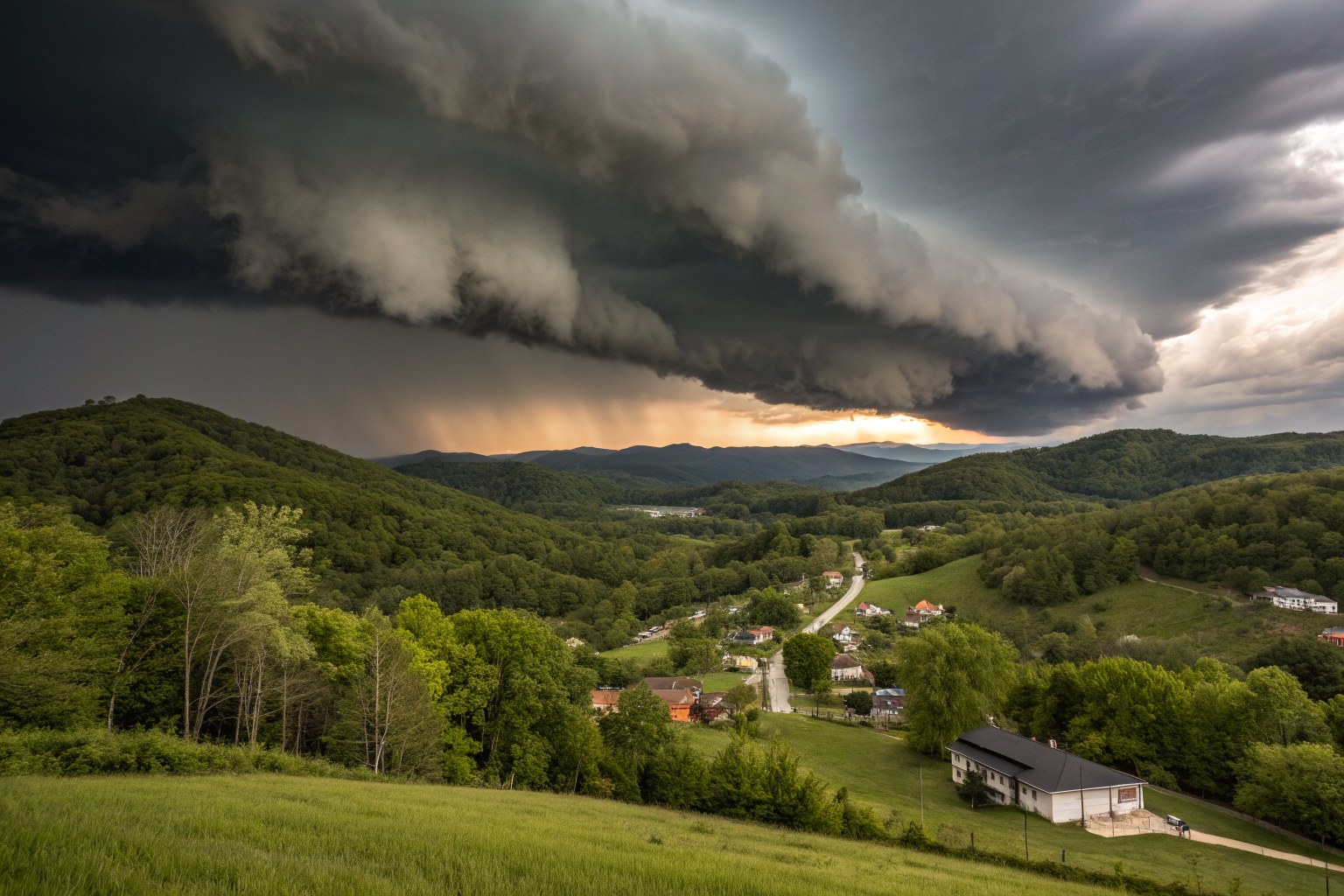 A dark shelf cloud rolling over a green valley of scattered homes and wooded hills