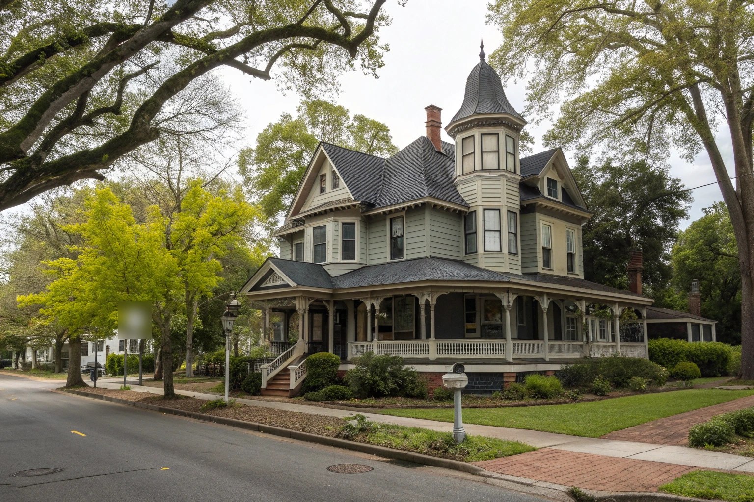 A restored Victorian home with a turret, a wraparound porch and a gray shingle roof