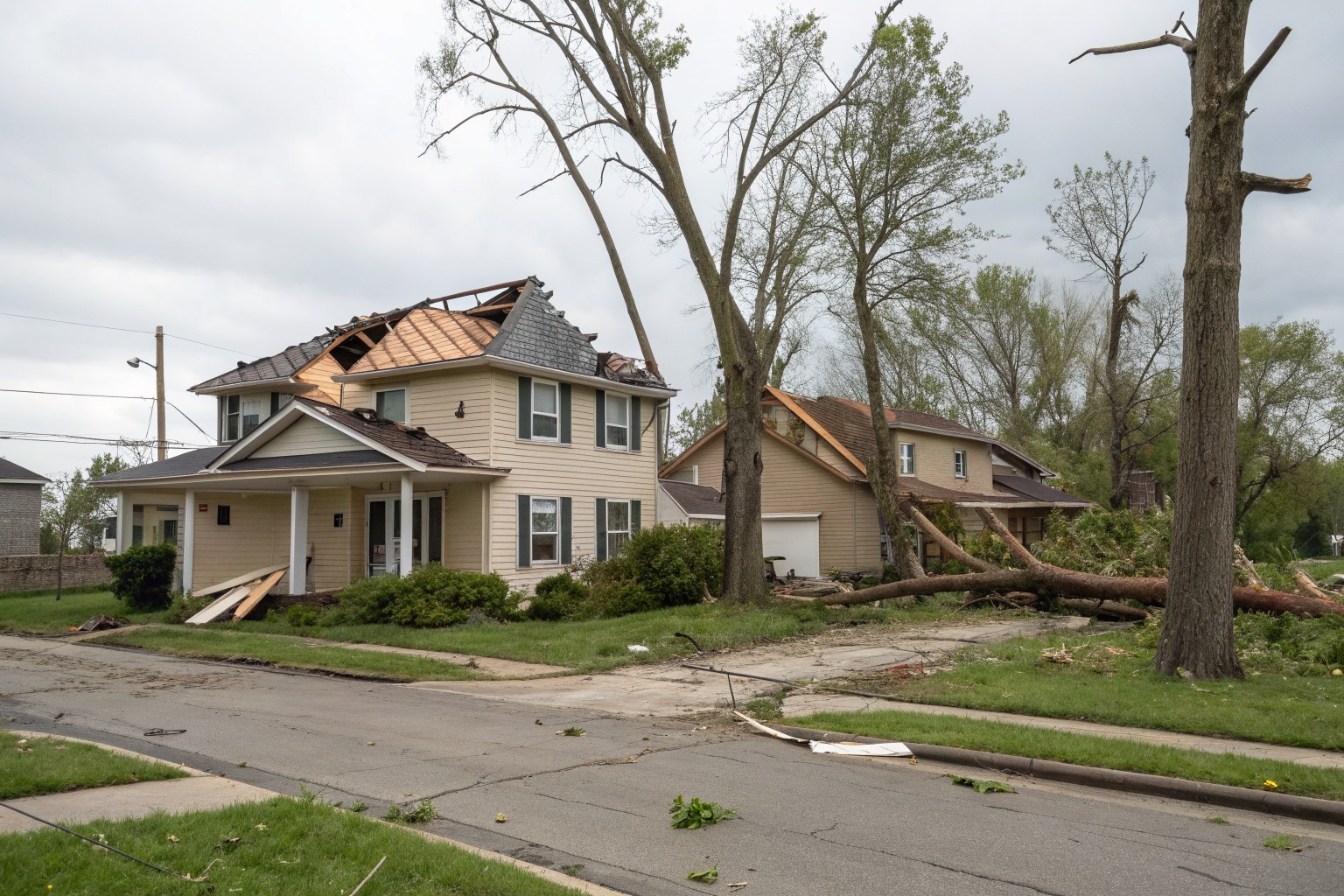 A home with a torn-open roof and snapped trees along the street after a windstorm